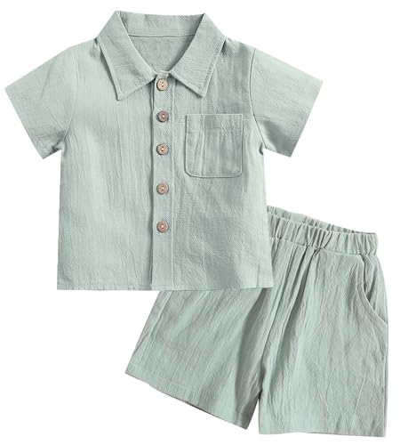 Happy Cherry Baby Sommer Outfits Leinen Set Babykleidung Hose und Kurzarm Knopfleiste T-Shirt Baumwolle Bekleidungssets 12-18M von Happy Cherry