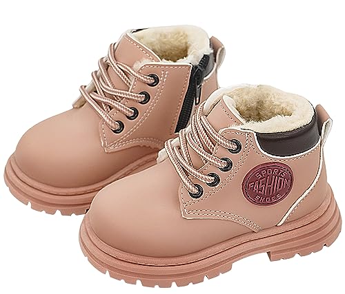 Happy Cherry Baby Stiefeletten Warme Fleece Kinder Stiefel Mädchen Jungen Wasserdicht Lederstiefel Kleinkind Rutschfest Schnürstiefeletten mit Reißverschluss 22 EU von Happy Cherry