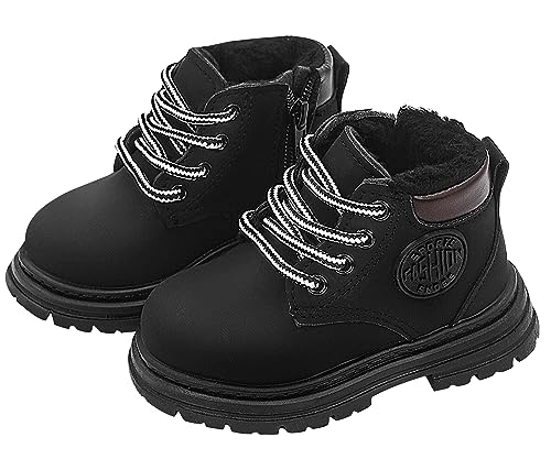 Happy Cherry Baby Stiefeletten Warme Fleece Kinder Stiefel Mädchen Jungen Wasserdicht Lederstiefel Kleinkind Rutschfest Schnürstiefeletten mit Reißverschluss 22 EU von Happy Cherry