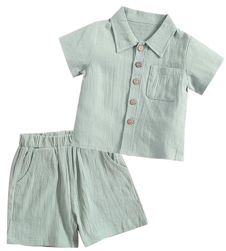 Happy Cherry - Babykleidung Set Jungen Sommer Leinen Kinderkleidung Neugeborene Baumwolle 2-teiliges Set Kinder Kleider Baby Leinenanzug Solide Farbe Kurzärmeliges Hemd Shorts - 18-24 Monate -Grün von Happy Cherry