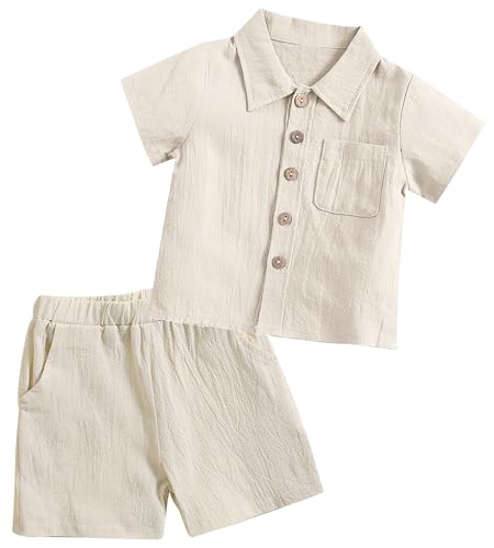 Happy Cherry - Babykleidung Set Jungen Sommer Leinen Kinderkleidung Neugeborene Baumwolle Set Kinder Kleider Baby Leinenanzug Solide Farbe Kurzärmeliges Hemd Hose Shorts - 18-24 Monate - Beige von Happy Cherry