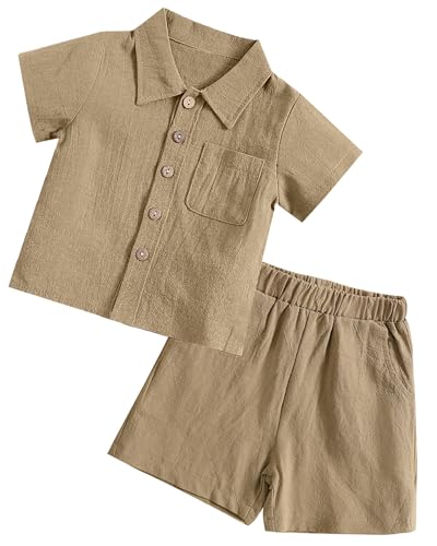 Happy Cherry Babykleidung Set Sommer T-Shirt+Shorts Jungen Mädchen Kurzarm Zweiteiler Bekleidungssets Basic Outfit Größe 80/6-12 Monate-Khaki von Happy Cherry