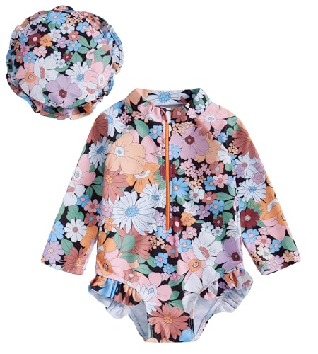 Happy Cherry - Badeanzüge Mädchen Baby Lange Ärmel Sommer Bademode Einteiliger mit Hut Kleinkinder Schwimmanzug mit Reißverschluss Badebekleidung für Schwimmen Strand Surfen - 6-12 Monate - Schwarz von Happy Cherry