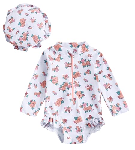 Happy Cherry - Badeanzüge Mädchen Baby Lange Ärmel Sommer Bademode Einteiliger mit Hut Kleinkinder Schwimmanzug mit Reißverschluss Badebekleidung für Schwimmen Strand Surfen - 6-12 Monate - Weiß von Happy Cherry