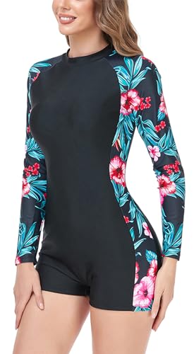 Happy Cherry Badeanzüge für Damen Bauchweg Einteiler Badeanzug mit Bein Frauen Lange Ärmel Schwimmanzug Rashguard UPF 50+ Surfen Sport Bademode XXL von Happy Cherry