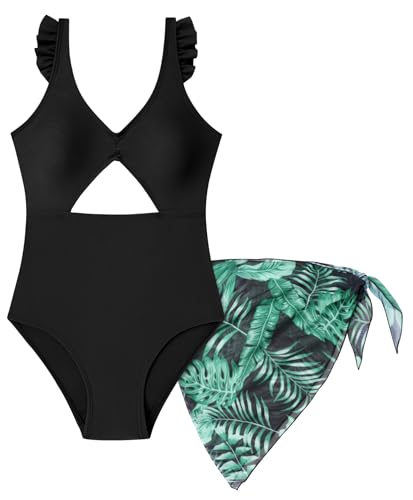 Happy Cherry Badeanzug Mädchen 15-16 Jahre Schwarz Rüschen Einteiler mit Ausschnitten Swimwear Swimsuit Girls von Happy Cherry