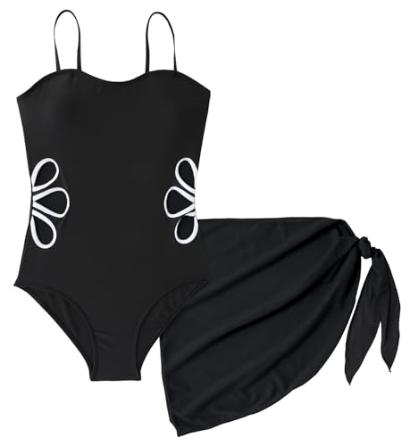 Badeanzug Mädchen mit Sarong Kinder Einteiliger Bademode Teenager Badekleid Sommer Strand 15-16 Jahre Schwarz von Happy Cherry