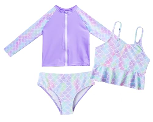 Happy Cherry - Bademode Mädchen Sommer Dreiteiliger Tankini Set mit Langarmjacke Bikini Bikinibrief 3 Piece Badeanzüge Kinder Badebekleidung für Schwimmen Strand Surfen - 4-5 Jahre - Lila von Happy Cherry