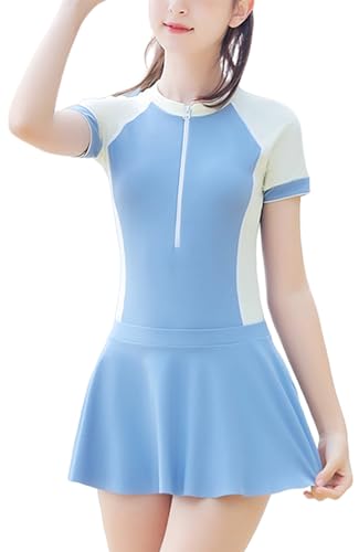 Happy Cherry - Bademode Mädchen Teenager Tankini Badeanzug Schwimmen Strand Surfen Sommer Badebekleidungsset Kinder Badeanzüge mit Rüschen Rock Kurze Ärmel UV-Schutz Schwimmanzug - 8-10 Jahre - Blau von Happy Cherry