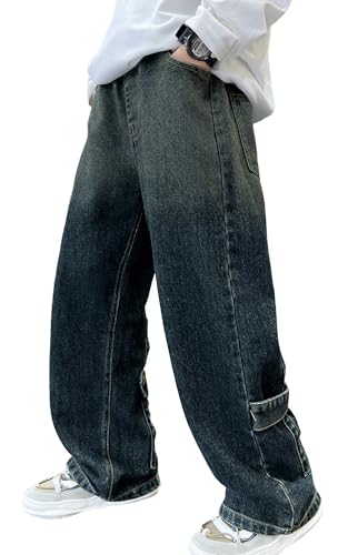 Happy Cherry - Baggy Jeans Junge Straight Vintage Denim Hosen Teenage Weites Bein Y2K Kinder Jeanshosen Baumwolle 5-14 Jahre Elastische Taille für Sommer Frühling Herbst Winter - 152-158 - Blau von Happy Cherry