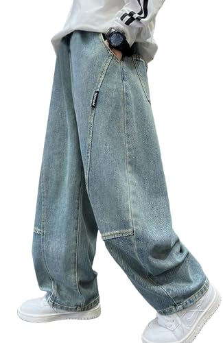 Happy Cherry Baggy Jeans Jungs Y2K Jeanshose mit Elastischem Bund Kinder Denimhose Loose Fit Cargohose Jungen Hosen für Frühling Herbst Winter 160 cm von Happy Cherry