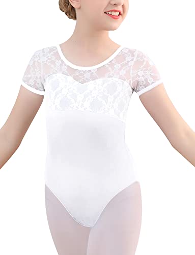 Happy Cherry Ballett Trikot Mädchen Ballettanzug Kinder Kurzarm Tanzbody Baumwolle Ballettkleidung Teenager Ballettbody Turnanzug Gymnastikanzug Weiß 11-12 Jahre von Happy Cherry