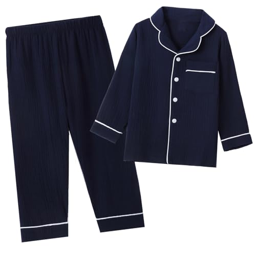 Happy Cherry - Baumwoll Pyjama Winter Button Down für Jungen Mädchen Einfarbiges Kinder-Pyjama-Set für Frühling Sommer Herbst Langärmelige Nachtwäsche - 140-150 - Dunkelblau von Happy Cherry