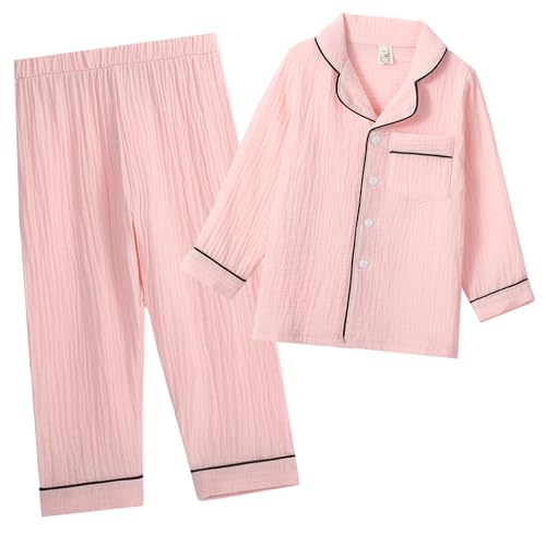 Happy Cherry - Baumwoll Pyjama Winter Button Down für Jungen Mädchen Einfarbiges Kinder-Pyjama-Set für Frühling Sommer Herbst Langärmelige Nachtwäsche - 140-150 - Rosa von Happy Cherry