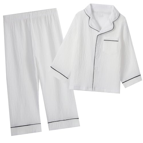 Happy Cherry - Baumwoll Pyjama für Jungen Mädchen Einfarbiges Kinder-Pyjama-Set für Frühling Sommer Herbst Winter Langärmelige Nachtwäsche Kleinkind Button Down Hemd Hose - 92-104 - Weiß von Happy Cherry