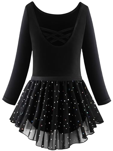 Happy Cherry Baumwolle Ballett Trikots Set für Mädchen Solid Sparkle Unitards Ein Stück Stretch Athletic Tanz Kostüm Bodysuit Bikerts 2-Pack Schwarz 8-9 Jahre von Happy Cherry