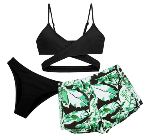 Happy Cherry Bikini Set Tropical Mädchen Printed Criss-Cross Badeanzug mit Shorts Sommer Sandstrand 10-11Jahre von Happy Cherry