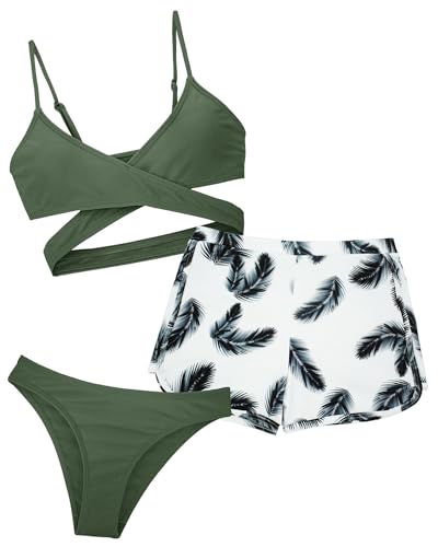 Happy Cherry - Bikini Sets Mädchen Teenager Tankini Badeanzug Schwimmen Sommer Bademode 3 Stück Schwimmanzug-Set Badebekleidungsset UV-Schutz Bikini-Oberteil Slip Hosen - 8-9 Jahre - Grün von Happy Cherry