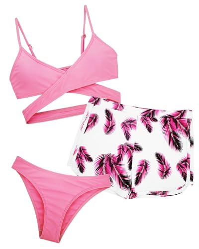 Happy Cherry - Bikini Sets Mädchen Teenager Tankini Badeanzug Schwimmen Sommer Bademode 3 Stück Schwimmanzug-Set Badebekleidungsset UV-Schutz Bikini-Oberteil Slip Hosen - 8-9 Jahre - Rosa von Happy Cherry