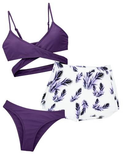 Happy Cherry - Bikini Sets Mädchen Teenager Tankini Badeanzug Sommer Bademode für Schwimmen Strand Surfen Schwimmanzug-Set Swimsuit Badebekleidungsset Top Slip Hosen - 13-14 Jahre - Violett von Happy Cherry