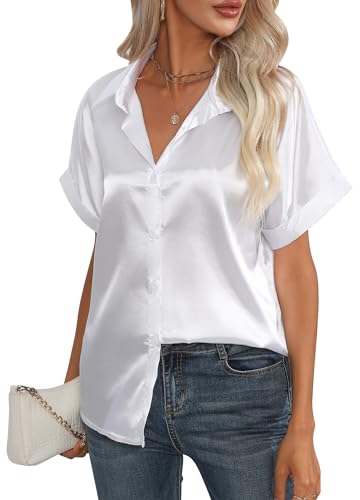 Happy Cherry Bluse Damen Kurzarm Hemd Seide Satin Shirt Basic Arbeit Büro Formelle Casual Blusen Shirt Sommer Elegant Business Hemdbluse M von Happy Cherry