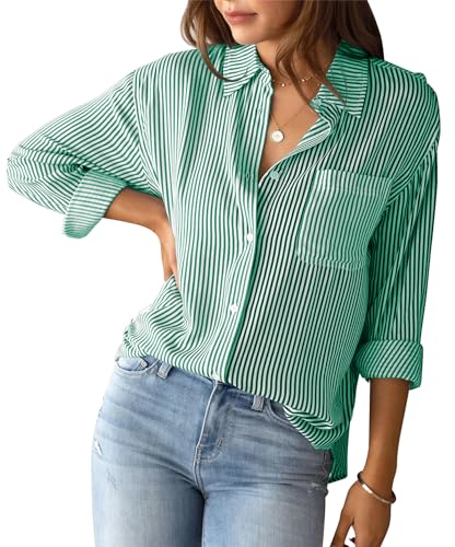 Happy Cherry Bluse Damen Langarm Gestreifte Hemd Casual Büro Arbeit Hemdbluse Lässiges Damenblusen Elegante V-Ausschnitt Oberteile mit Knöpfen S von Happy Cherry