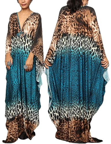 Happy Cherry Boho Kimono für Frauen Smock Maxi Kleid Lange Kaftan Kleider Strand Bluse Baumwolle Böhmische Jacken Pull On Badeanzug Abdeckung Leopard von Happy Cherry