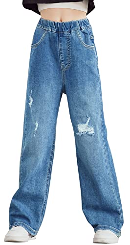 Happy Cherry Cargo Hose Mädchen Jean Loch Denim Blau Jeans Vintage Hose mit weitem Bein für Kinder 10-11Jahre von Happy Cherry