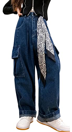 Happy Cherry Cargo Hose Mädchen Jean Loch Denim Blau Jeans Vintage Hose mit weitem Bein für Kinder 12-13Jahre von Happy Cherry