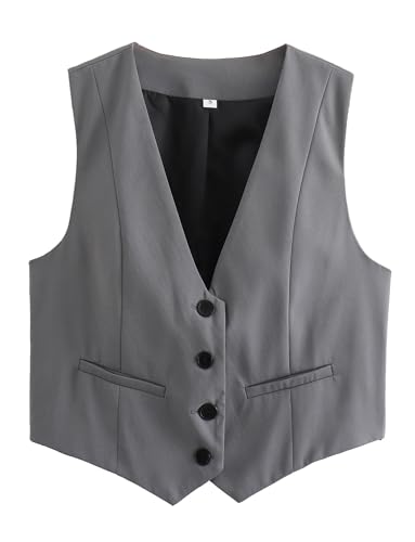 Happy Cherry Damen Ärmellose V-Ausschnitt Crop Weste 4 Knopf Elegante Formelle Smoking Anzug Weste Street Party Clubwear Grau L von Happy Cherry