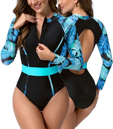 Happy Cherry Damen Badeanzüge Langarm Einteilige Rashguard Bademode mit Herausnehmbaren BH-Pads Bedruckter Reißverschluss Schwimmanzug Rückenausschnitt M von Happy Cherry