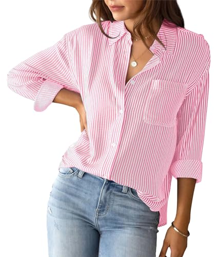 Happy Cherry Damen Bluse Langarm Elegant Streifenbluse Lässiges Hemdbluse Büro Arbeit Blusen V-Ausschnitt Hemd Gestreifte Oberteile Damenblusen M von Happy Cherry