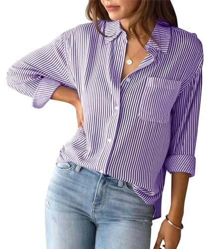 Happy Cherry Damen Bluse Langarm Elegant Streifenbluse Lässiges Hemdbluse Büro Arbeit Blusen V-Ausschnitt Hemd Gestreifte Oberteile Damenblusen M von Happy Cherry