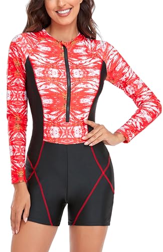 Happy Cherry Damen Einteiler Badeanzug Langarm Bademode mit Bein Sports Schwimmanzug Frauen Rashguard UPF 50+ Surfanzug mit Reißverschluss S von Happy Cherry