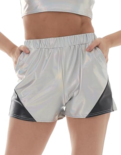 Happy Cherry Damen Funkelnde Metallic Shorts mit Taschen Lose Stretch Strapazierfähige Höschen für Damen Mädchen Performance Holidays Silber S von Happy Cherry