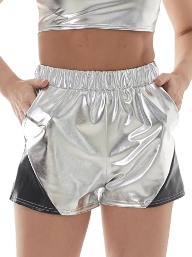 Happy Cherry Damen Funkelnde Metallic Shorts mit Taschen Lose Stretch Strapazierfähige Höschen für Damen Mädchen Performance Holidays Silber S von Happy Cherry
