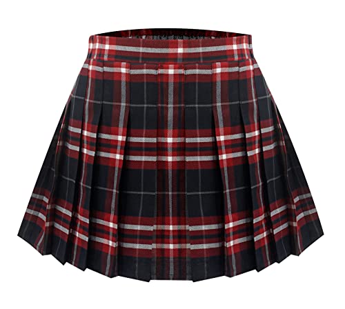 Happy Cherry Damen Kariert Faltenrock Elastisch Taille Minirock Klassischer Plaid Rock mit Hose Drunter Tennis Sportrock von Happy Cherry