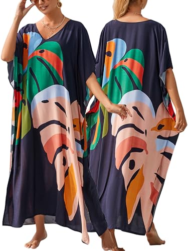 Happy Cherry Damen Kimono Smock Maxi Kleid Sommer Lange Kaftan Bohemian Strand Blusen Pull On Badeanzug Schwimmen Kimono Kleid Blätter von Happy Cherry