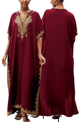 Happy Cherry Damen Kimono Smock Maxi Kleid Sommer Lange Kaftan Bohemian Strand Blusen Pull On Badeanzug Schwimmen Kimono Kleid Weinrot von Happy Cherry