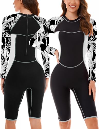 Happy Cherry Damen Langärmlige Einteiler Bademode mit Bein Rashguard UPF 50+ Badeanzug Frauen Reißverschluss Schwimmanzug Sonnenschutzkleidung M von Happy Cherry