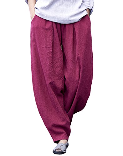 Happy Cherry Damen Leinenhose Haremshose Retro Loose Pumphose Atmungsaktiv Beiläufige Hose mit Elastischem Bund für Urlaub, Yoga, Festival, Freizeit von Happy Cherry