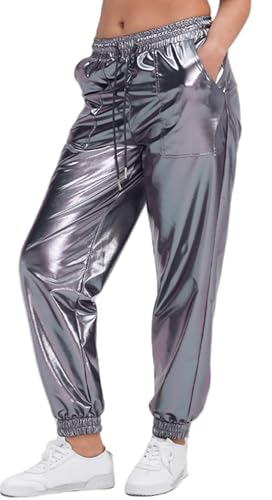 Happy Cherry Damen Metallic Glänzende Jogginghose Elastischer Bund Sporthose Locker Freizeit Lässige Lang Hose Hip Hop Hosen Streetwear Grau XL von Happy Cherry