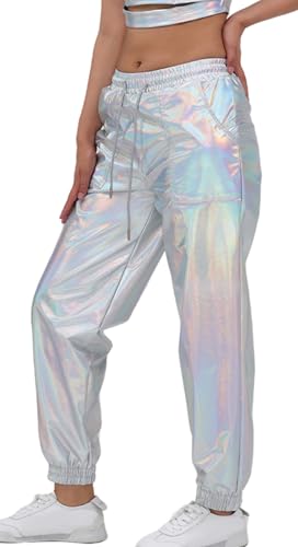 Happy Cherry Damen Metallic Glänzende Jogginghose Elastischer Bund Sporthose Locker Freizeit Lässige Lang Hose Hip Hop Hosen Streetwear Lasersilber XL von Happy Cherry
