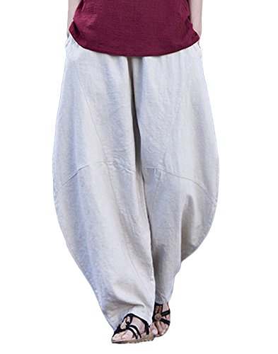Happy Cherry Damen Pumphose Leinenhose Vintage Loose Elastisch Taille Hosen Freizeit Atmungsaktiv Wide-Leg Haremshosen mit Taschen von Happy Cherry
