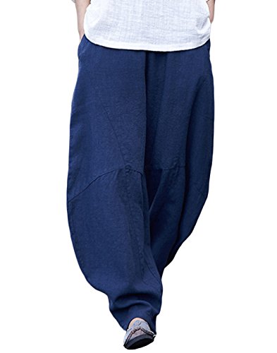Happy Cherry Damen Pumphose Leinenhose Vintage Loose Elastisch Taille Hosen Freizeit Atmungsaktiv Wide-Leg Haremshosen mit Taschen von Happy Cherry