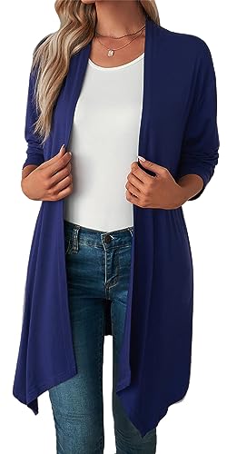 Happy Cherry Damen Strickjacke Langarm Elegant Sommerjacken Female Blau Lang Cardigan Open Front Weiche Frühling Jacke Einfarbig Boyfriend Strickjacke L von Happy Cherry