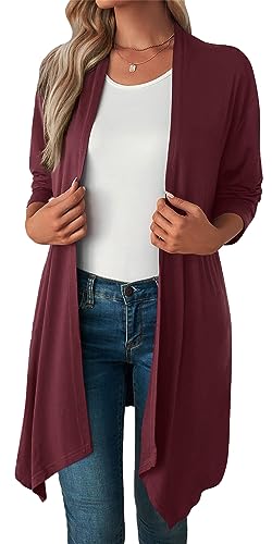 Happy Cherry Damen Strickjacke Langarm Elegant Sommerjacken Female Rot Lang Cardigan Open Front Weiche Frühling Jacke Einfarbig Boyfriend Strickjacke L von Happy Cherry