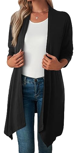 Happy Cherry Damen Strickjacke Langarm Elegant Sommerjacken Female Schwarz Lang Cardigan Open Front Weiche Frühling Jacke Einfarbig Boyfriend Strickjacke L von Happy Cherry