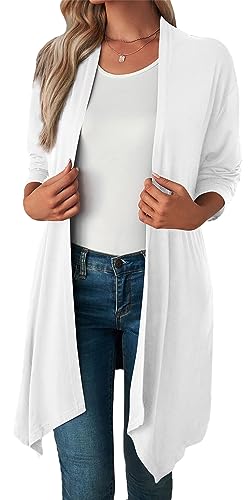 Happy Cherry Damen Strickjacke Sommer Leicht Strickjacke Lang Casual Vorne Offen Cardigans für Female Weiß Einfarbig Strickjacken Boyfriend Strickjacke XXL von Happy Cherry