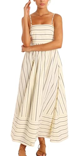 Happy Cherry Damen Verstellbares Kleid Spaghettiträgern Boho Langes Maxi Kleid Gestreifter Druck Lässiges Ärmelloses Maxi Cami Kleid Damen Schwingkleid Cremefarben L von Happy Cherry